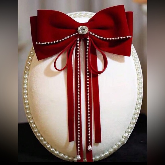 Burgundy Velvet Pearl Trim Hair Clip - Picture 1 of 6